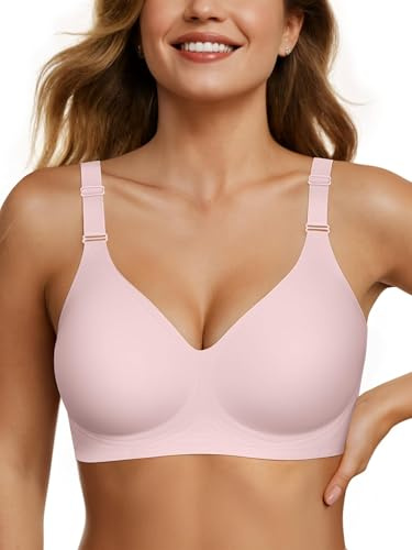OEAK Sujetadores sin costuras para mujer Brasier cómodo sin aros Brasier de apoyo total Brasier push up de talla grande con cuello en V Brasieres para dormir de camiseta para mujer, Rosa, Large