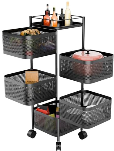 mufsceku Kitchen Storage Trolley,5 Tier Rotating Storage Rack for Kitchen,Rotating Basket Large Storage Rack with Wheels,Vegetable and Fruit Metal Wire Shelf Rack with Top Lid for Living Room Black