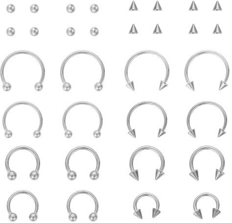 Yolev 16PCS Stainless Steel Nose Ring Septum Piercing Jewellery Horseshoe Piercing Jewelry Captive Bead Ring Helix Tragus Cartilage Earrings for Women Men(silver)