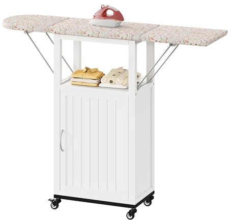 Rolling Ironing Board with Storage Cabinet, Folding Ironing Board with Wheels, Craft Table with Storage, Wooden Fold Down Ironing Station with Heat-Resistant Sponge(White with Wheels)