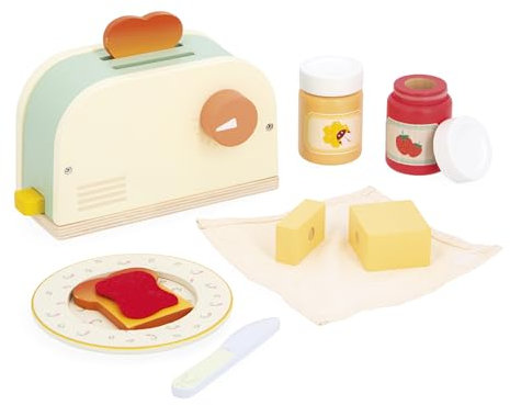 Janod - Grille Pain Enfant en Bois - Jeu Imitation Petit Déjeuner - 10 Accessoires Inclus - avec Tartines Qui Sautent - Développe Imagination - Dès 3 Ans - J06636