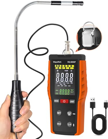 Hot Wire Anemometer Handheld, WapoRich HVAC Wind Speed Meter Air Flow Gauge Measures CFM/CMS/CMM 0~999900, Temp, Air Velocity 0.2~67 MPH with MAX/MIN for Duct HVAC - RQ-9000F