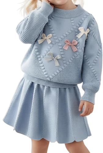 JiAmy Baby Girl Clothes Toddler Long Sleeve Knitted Bowknot Sweater Top Pleated Skirt Outfits Set Fall Winter Casual Dress for Girls 2-6 Years