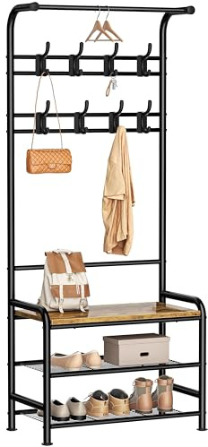 HOMIDEC Coat Stand, 182cm Coat Rack with Shoe Bench Removable Hooks Hanging Rail, Coat and Shoe Rack for Hallway Entryway Small Space, Rustic Brown