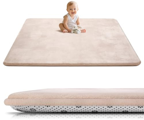 Tuocal Krabbelmatte Baby 127×127cm, 3cm Dicke Schaumstoff Spielmatte, Ultraweiche Stütze und Plüschiges Gefühl Teppich Kinderzimmer, Pflegeleichte Krabbeldecke Baby mit Rutschfester Unterseite, Beige