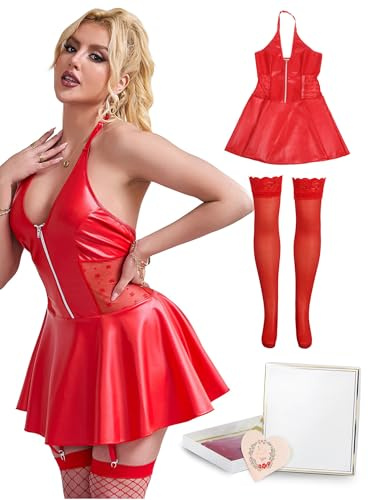 ohyeahlady Women's Lingerie Sets Zipper Babydoll Dress with Suspender Belt