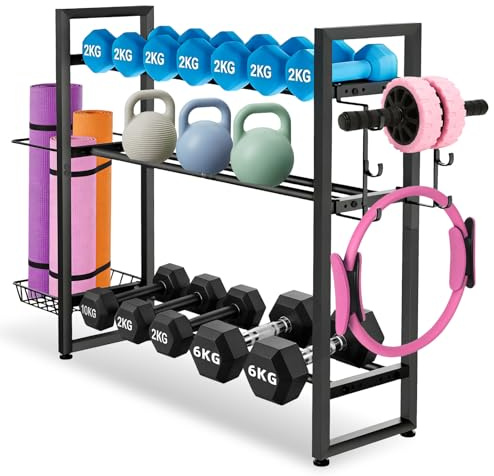 JUOIFIP Soporte de pesas de 3 niveles, soporte ajustable para mancuernas con ganchos para almacenamiento de fitness en casa, peso de 390 kg, color negro