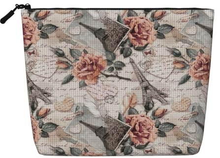 Flower Paris Eiffel Tower Cosmetic Organizer Large Fake Hemp Bag, Water Resistant Zippered Pouch for Daily Travel