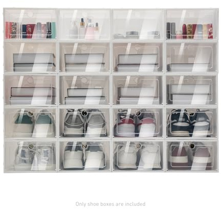 YUYUZI 20 scatole pieghevoli per scarpe con porta trasparente, impilabili in PP/ABS, antipolvere e salvaspazio, per scarpiere e guardaroba (bianco, 33 x 23 x 14 cm)