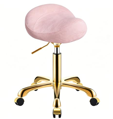 SCGSJZH Tabouret Selle à roulettes, Professionnel Roulant Tabouret Réglable Hauteur, Motif Glaciaire PU Cuir Pivotant Chaise pour Beauté Salon Spa (Or + Rose, sans Dossier)