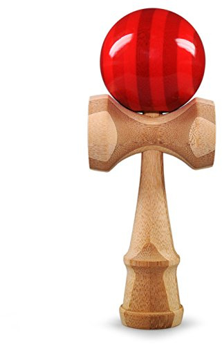 Ganzoo Kendama en Bois de hêtre véritable, Jeu d’adresse Japonais avec Boule percée, Corde en Nylon et 3 coupelles, modèle Red Flash Rouge/Bois Naturel, H 16 cm, Boule Ø 6 cm