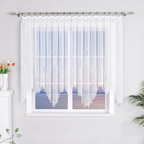 HeichkelL Jacquard Bogen Vorhang Transparente Gardine Spitze Bandschal Store Kräuselband Dekoschal Weiß HöhexBreite 145x450cm Blumenmuster #1