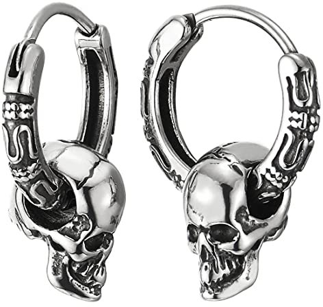 Paar Kreis Creolen Huggie Ohr Manschette Ohrringe mit Vintage Schädel Charme, Edelstahl Ohrringe für Herren Damen