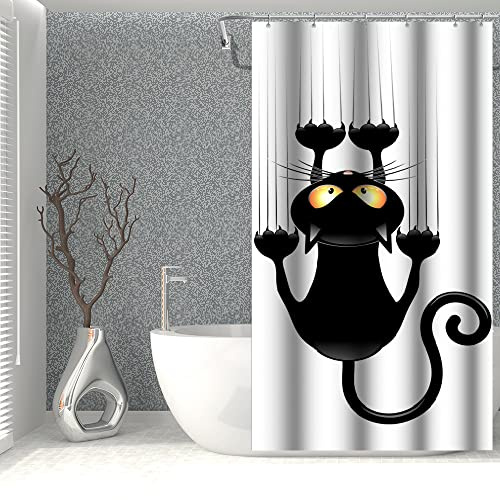 SDOTPMT 90x183cm Nero Gatto con Affilato Zampe Tenda da doccia Carina Divertente Gatto Gattino Tenda da bagno Bianco Sfondo Tenda da doccia Tessuto Poliestere per Bagno con ganci