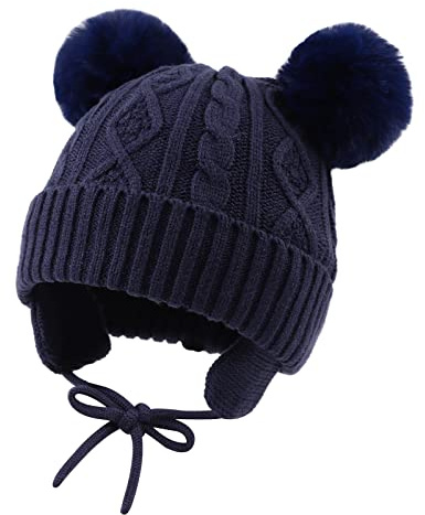 XIAOHAWANG Caldo Cappello Invernale per Bambini Lavorato a Maglia per Ragazzi Ragazze Bambino Neonato Toque con Pompon, Pompon Blu Navy., 6-24 Mesi