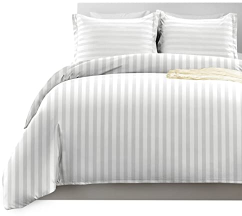 Imperial Rooms Super King Duvet Set Reversible Stripes Satin Bedding Set with Pillowcases Breathable Microfiber Duvet Covers (White 260x220 Cm)