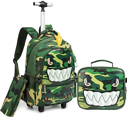 HTgroce Trolley Schultrolly Schulrucksack mit Rollen Schultrolley Grüner Dinosaurier