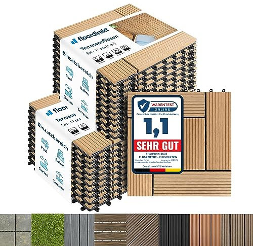 Floordirekt WPC Fliesen 30x30 cm, 2m² = 22 Terrassenfliesen, Klickfliesen, Balkonfliesen in Holzoptik - Bodenbelag für Balkon & Terrasse - wetterfest mit Drainagefunktion | Teak Classic