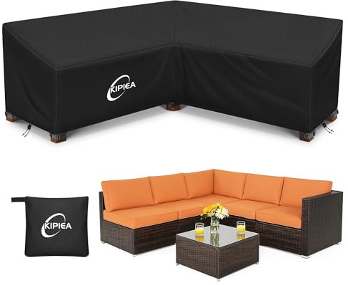 Kipiea V Shaped Garden Furniture Covers Waterproof, 420D Heavy Duty Oxford Fabric Outdoor Rattan Corner Sofa Covers with Windproof, Garden Sofa Cover, Anti-UV, Ripstop (226x226x85x78cm)