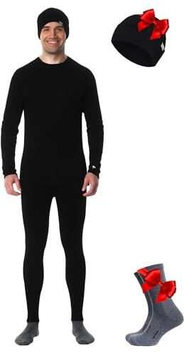Merino.tech Conjunto Lana Merino Hombre - Camisa y Pantalon Termica Lana Merino con Calcetines + Gorro (Medium, Black)