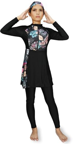 Floral Burkini Modest and Full Body Swimsuit with Skirt (Black Floral, M=6)