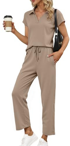 Glamaker Conjunto de verano de 2 piezas para mujer, conjunto de camiseta polo y pantalón de manga casquillo, conjunto de chándal de viaje a juego 2025, Marrón/Gris (Coffee grey), Medium