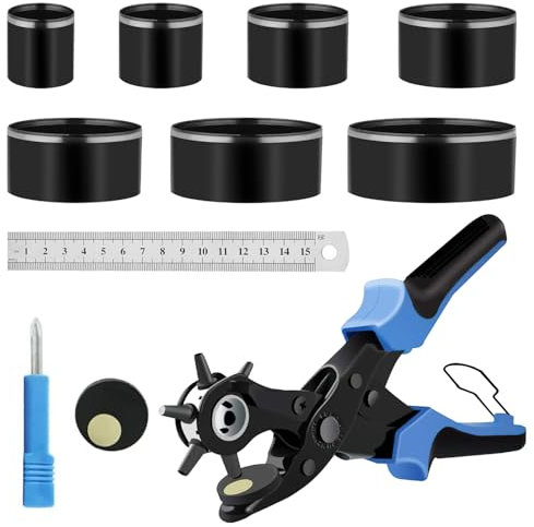 Agujeros Cinturon Juego, Punzón Giratorio, Accionado por Palanca Sacabocados, con 7 Piezas de Punzones Redondos de 20/25/30/35/40/45/50 mm, con Orificios en el Cinturón (negro, azul)