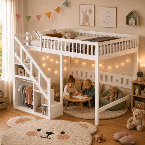 MIOOSUT Våningssäng för barn 90 x 200 med trappa, loftsäng förvaring, barnsäng med barriär, multifunktionell loftsäng, för tonåringar, utan madrass (vit, 204 x 132 x 161)