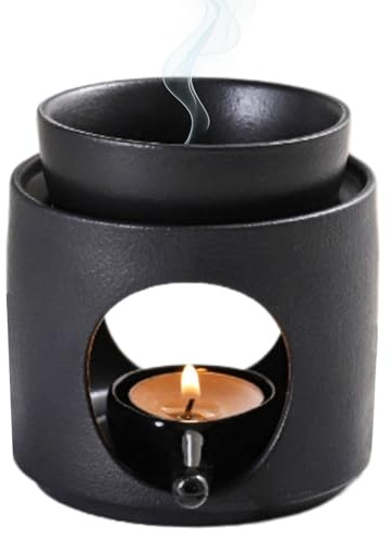 Keramisk doftlampa med värmeljushållare, rökelsemunstycke för eteriska oljor, avtagbar keramisk aromlampa, olje- och vaxdiffusor, H x 11 cm B x 9 cm atmosfär värmeljus för kontor, heminredning (svart)