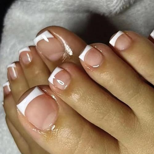 GlamRays 24 Pièces Autocollants pour Ongles des Pieds Pointe Française Faux Ongles Carrés Blanc Brillant