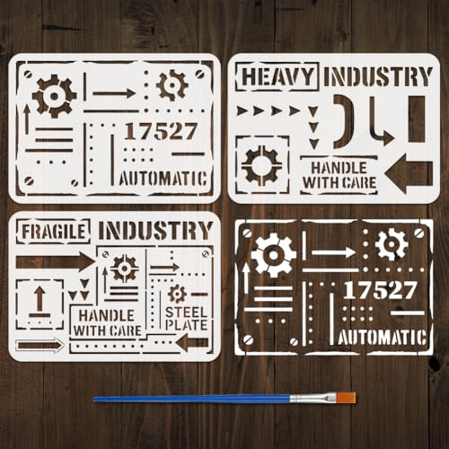 FINGERINSPIRE 3 Pz Stencil con Motivi in Stile Industriale Retrò per Dipingere con Pennello, 21x29.7cm Ingranaggi Frecce Numeri Lettere Frasi Stencil a Tema Retrò per Dipingere su Legno