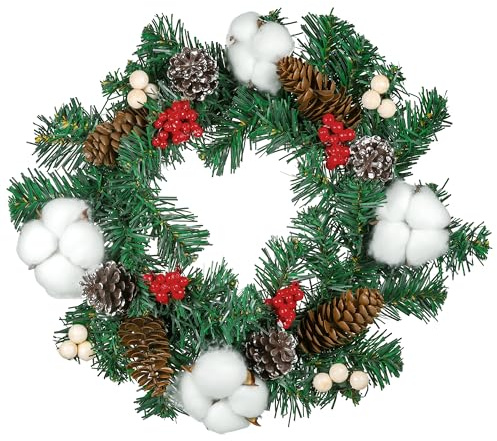 Ghirlanda Natalizia per Porta, Ghirlanda Natalizia 30cm, Ghirlande Elegante con Pigne e Palle di Natale, Decorazione Porta Artificiale con Neve, Addobbo Natalizio per Esterno e Interno