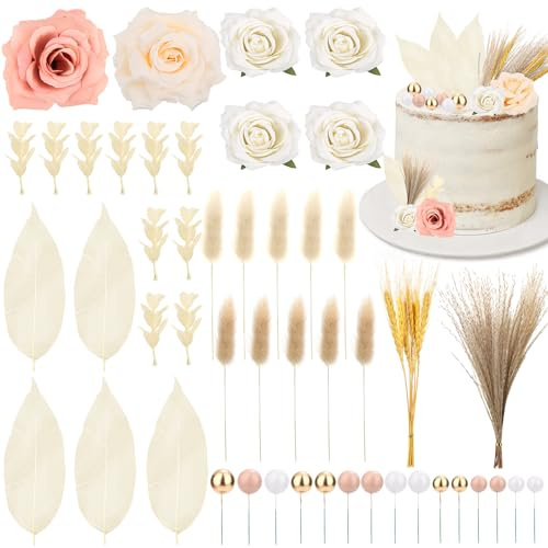 Set di 56 decorazioni per torte boho riutilizzabili, con petali di rosa artificiali, foglie di oliva secche, foglie di magnolia, coda di coniglio, palline per compleanno, matrimonio, baby shower