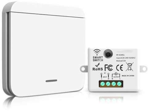 Funk Lichtschalter 433RF Set, Funkschalter Bis 50m Reichweite, Funkschalter Licht für Lampe Keine Verkabelung, Lichtschalter Funk mit Empfänger-Controller