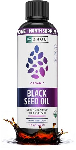Zhou Organic Black Seed Oil - Black Cumin Seed Oil Cold Pressed, Nigella Sativa, Pure Unrefined Blackseed Liquid, Premium Supplement for Health with Thymoquinone, Omega 3 6 9 - 8 Fl Oz (Pack of 1)