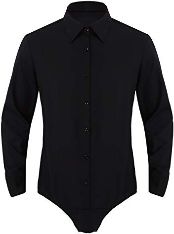Alvivi Body da Uomo Slim Fit Latino Americano Moderna Ballo da Danza Professionale in Cotone Camicia Bodysuit Maniche Lunghe Button Down Costume Competizione Performance Nero XL