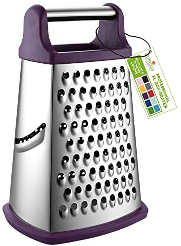 Spring Chef Purple Professional Stainless Steel XL Parmesan Cheese Grater with Handle - Manual Box Grater for Kitchen, 4 Sides, Dishwasher Safe Food Shredder for Vegetable, Potato, Hard Cheese, Carrot