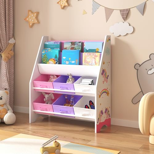 [en.casa] Kinderregal Ponteceso Bücherregal mit 2 Ablagefächern Spielzeugregal 6 Boxen Bücherkiste mit Einhorn-Motiv Weiß Lila Rosa Kinderzimmer Organizer