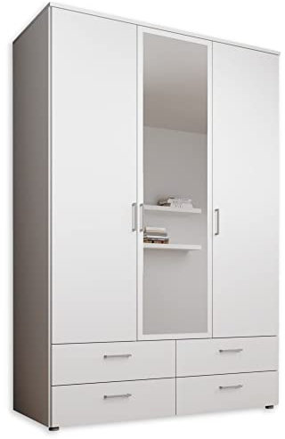 SPAZIO Kleiderschrank mit Spiegeltür in Weiß - Vielseitiger Drehtürenschrank 3-türig für Ihr Schlafzimmer - 138 x 199 x 48 cm (B/H/T)