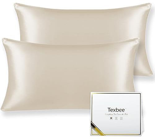 Texbee Seidenkissenbezug 40x80cm für Haar und Haut 2 Stück Beide Seiten 22 Momme Natürliche Kissenbezug Seide mit verstecktem Reißverschluss Weiche Atmungsaktive Glatte Standardgröße-Beige