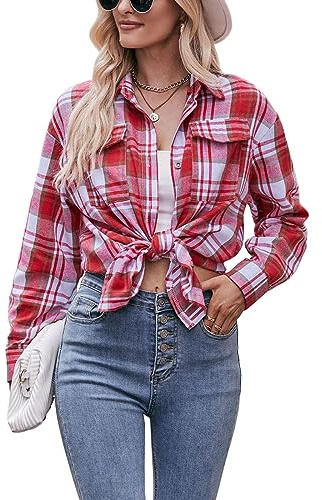 FeMereina Womens Flannel Plaid Shirts Oversized Button Down Lapel Collar Color Block Long Sleeve Shirts Blouse Tops (z-Red, S)