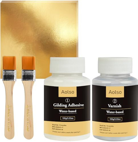 Aolso Juego de Adhesivos para Hojas de Oro,100pcs Hoja de Oro,Incluye 100 ml de Pegamento y 100 ml de Barniz Protector a Base de Agua, 2 Pinceles, para Manualidades, Pintura y Uso Profesional