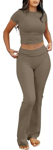 ANRABESS Lounge Sets for Women 2 Piece Foldover Yoga Flare Leggings Pants Crop Tops Casual Y2K Outfits Matching Tracksuit Set Coffee Grey Small