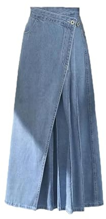 SLOKFV5 Gonna Gonna di Jeans Patchwork a Pieghe Irregolari da Donna Estate Coreana Casual a Vita Alta Gonna Lunga a Linea con Tasche Spiaggia