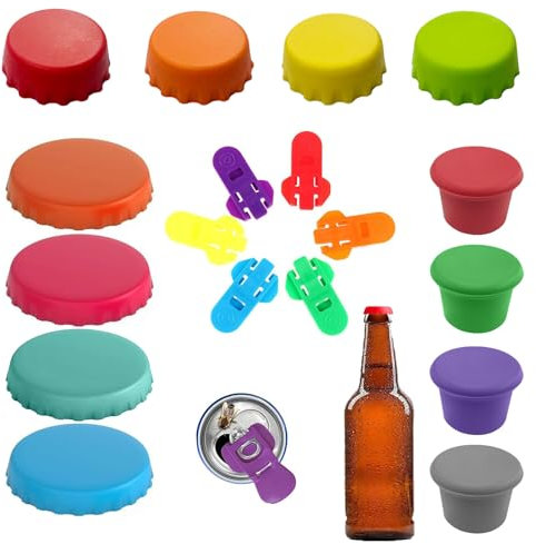 12 Stück Silikon Flaschendeckel, Universal Flaschenverschluss mit 6 Bierdosenöffner Getränkedosen Verschluss Wiederverwendbare Kronkorken Dosenverschluss für Bier Cola Wein