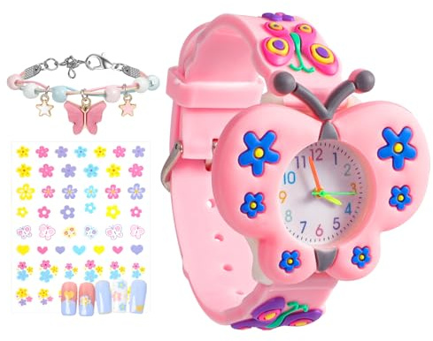 Montre Enfant Numérique Papillon Dessin Animé Mouvement à Quartz Adorable Montre pour Enfants Cadeau pour Filles de 3 Ans à 10 Ans Fête des Enfant Pâques Noël Avec Autocollants pour ongles,Bracelet