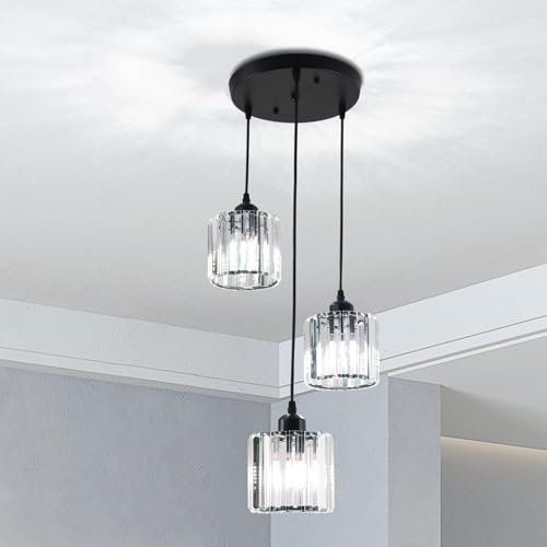 Cainjiazh Crystal Pendant Lights Round Ceiling,Modern Crystal Chandeliers Hanging Light Fixture for Kitchen Island,Adjustable Chandelier for Dining Room,Foyer,Living Room Entryway Black 3 Lights