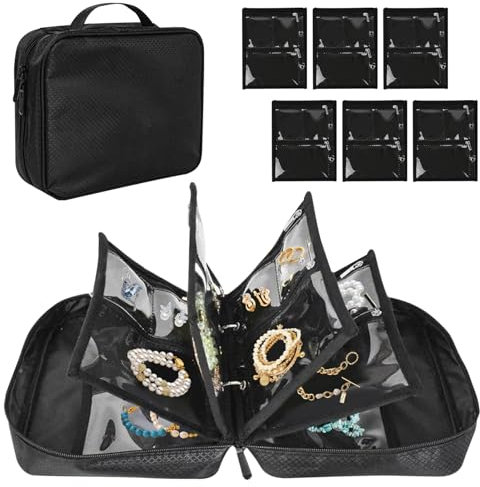 Yiomxhi Trousse à Bijoux de Voyage, Sac Rangement de Bijoux avec 6 Pochettes en Velours pour Colliers Boucles D'oreilles Bagues, Étui Boîte Organisateur de Bijoux pour Femmes Filles, Noir