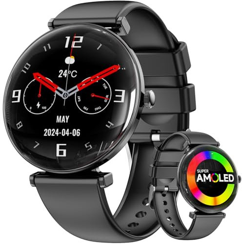 Smartklocka damer, konvex ljus tunn smartklocka för kvinnor, 4,3 cm 1,43 tums AMOLED-pekskärm, sportklocka med pulsfrekvens träningsklocka, gör-det-själv-urtavla, sömnövervakning, stegräknare för