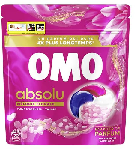 OMO - Lessive Capsules Absolu Mélodie Florale aux perles booster de parfum - Fleur d’Oranger & Vanille - Propreté Impeccable pour un Linge Eclatant - 22 Lavages